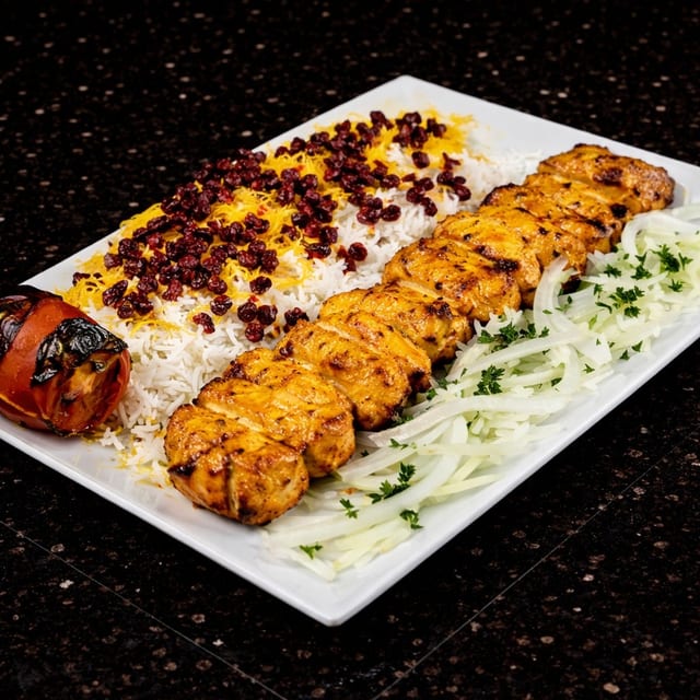 Zereshk Polo with Chicken Tenderloin Kabab.